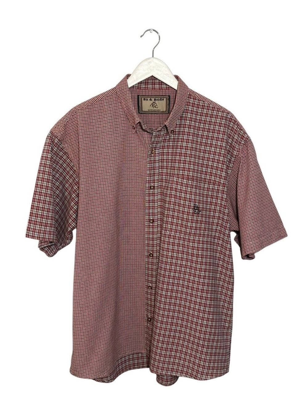 Bit & Bridle navy and red gingham 100% cotton short sleeve button down shirt - X